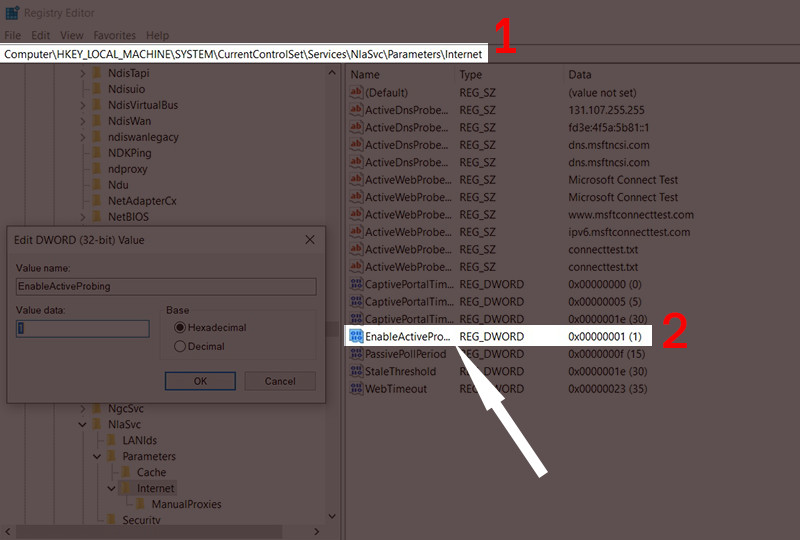 Chỉnh EnableActiveProbing trong Registry Editor để khôi phục kiểm tra kết nối mạng