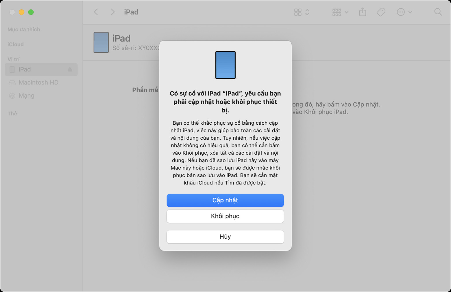 Thông báo trên máy tính hiển thị tùy chọn cập nhật và khôi phục iPad trong chế độ phục hồi