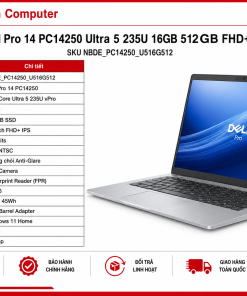 Laptop Dell Pro 14 PC14250 NBDE_PC14250_U516G512 – Intel Ultra 5 235U vPro, 14 inch FHD+ IPS, 16GB RAM, 512GB SSD
