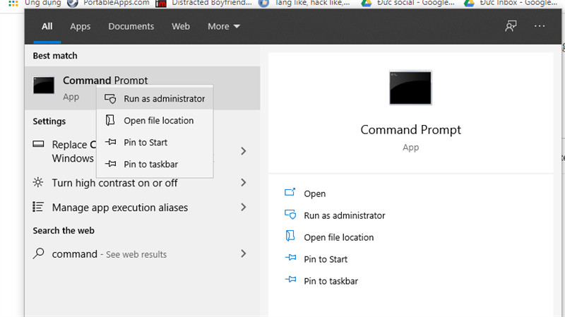 Mở Command Prompt với quyền Administrator để reset mạng trên Windows 10