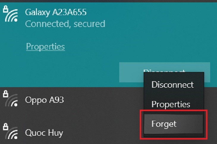 Quên mạng (Forget) và kết nối lại để làm mới cấu hình SSID lưu trên Windows