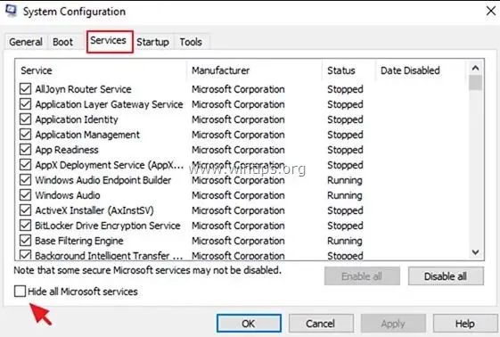 Danh sách dịch vụ trong System Configuration giúp loại trừ nguyên nhân gây màn hình xanh do phần mềm nền