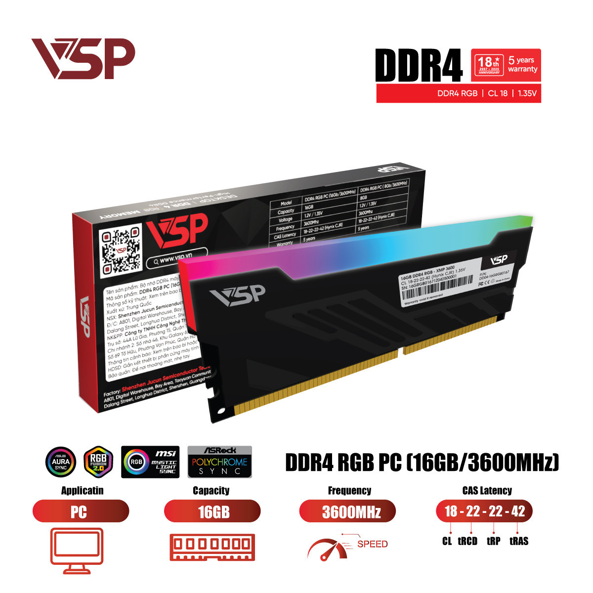RAM máy tính VSP 16G DDR4 3600 LED RGB
