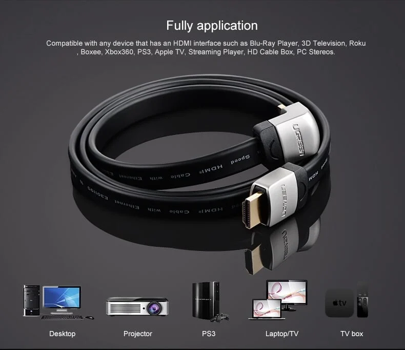 Cáp HDMI Ugreen 10277 dẹt 1M bẻ lên góc 90 độ