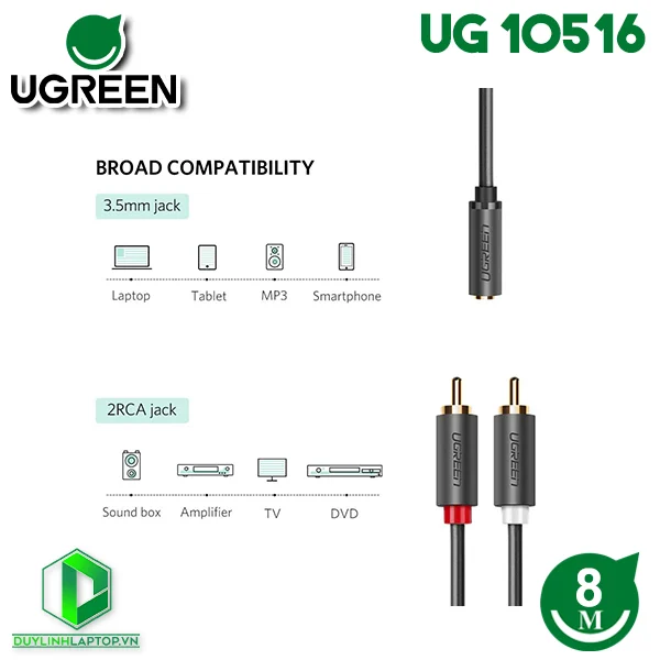 Cáp audio Ugreen 10516 3.5mm sang 2 RCA dài 8m