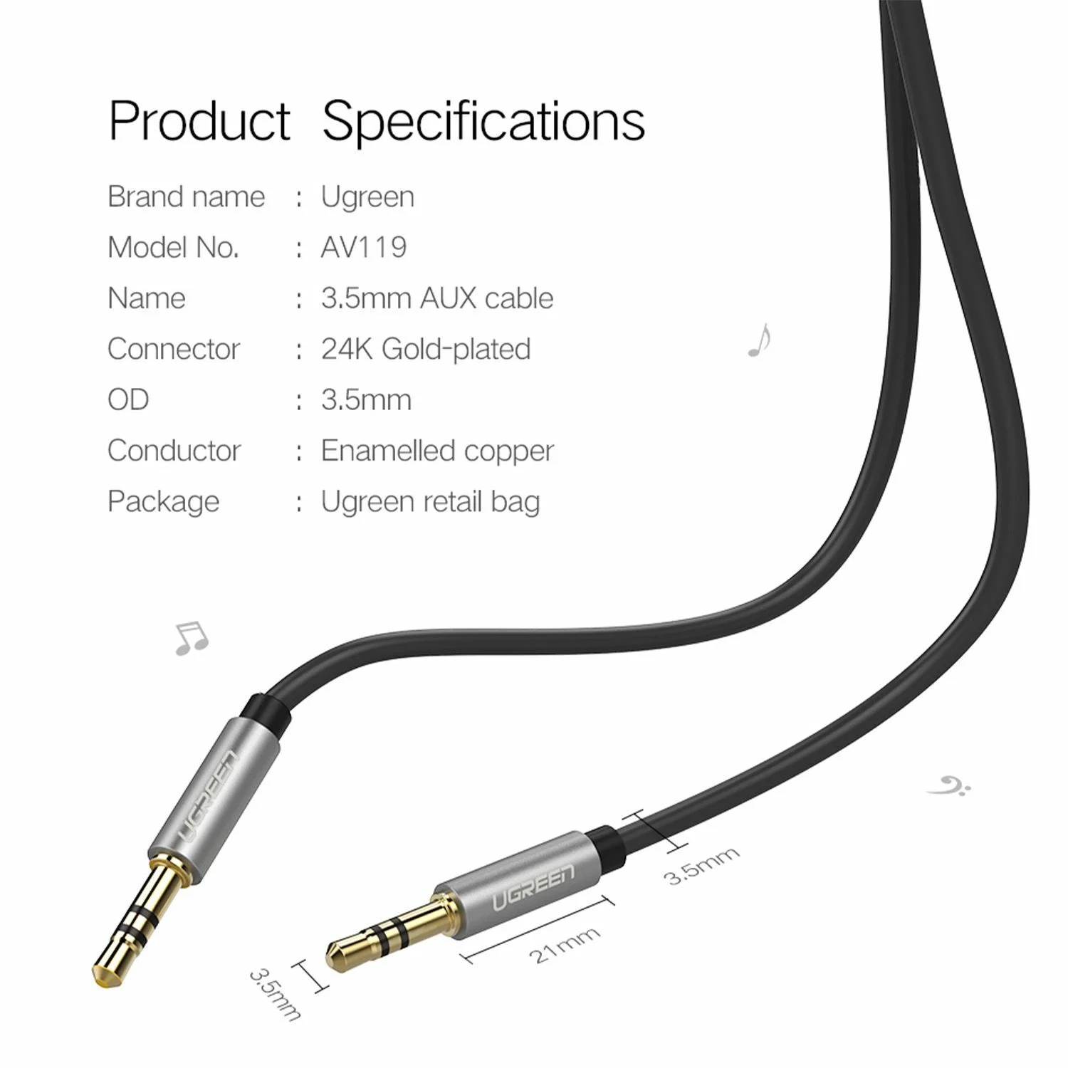 Cáp Audio 3.5mm Ugreen 10734 dài 1.5m Male to Male