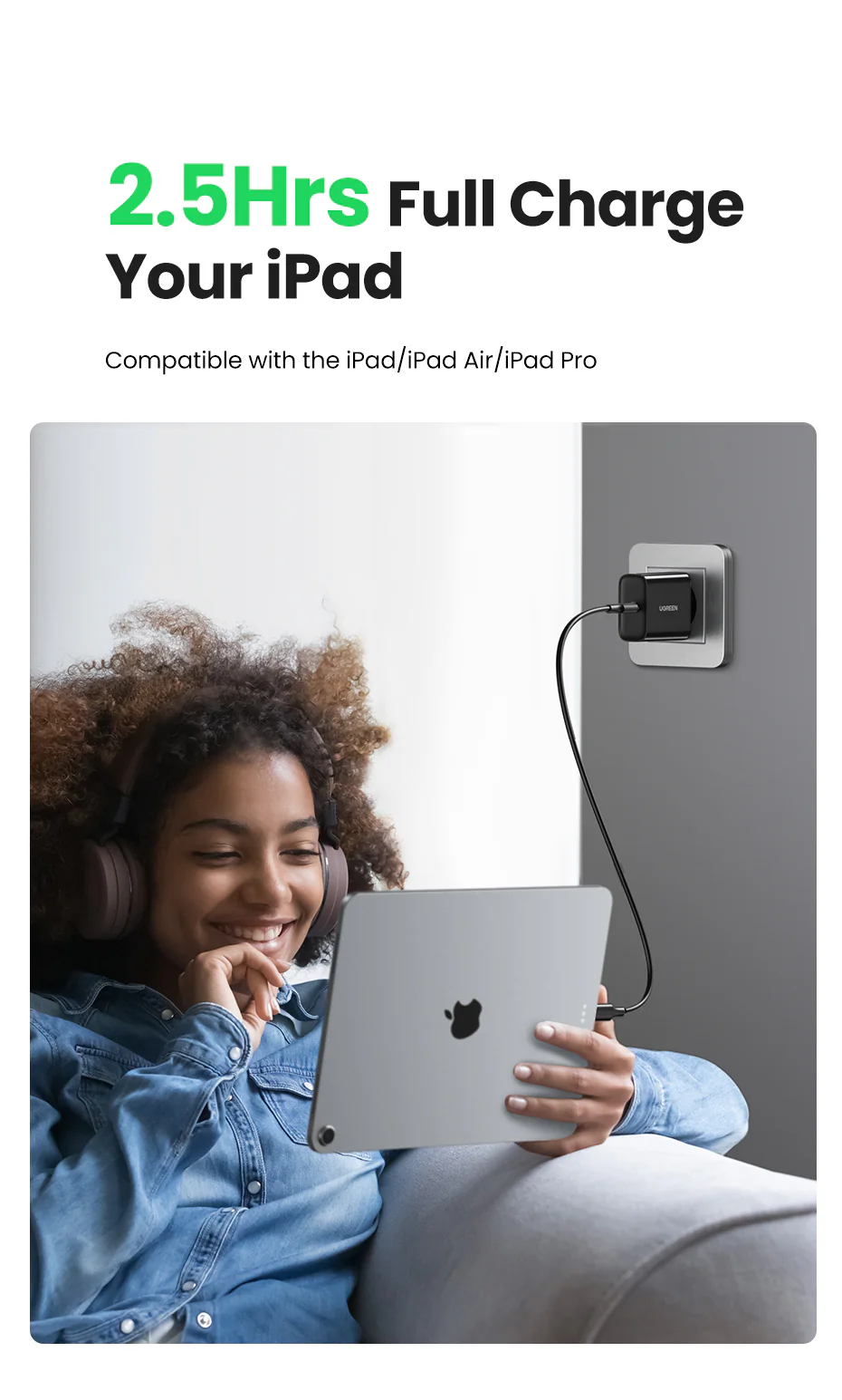 Củ sạc Ugreen 10191 CD137 USB-C PD 20W màu đen chân EU