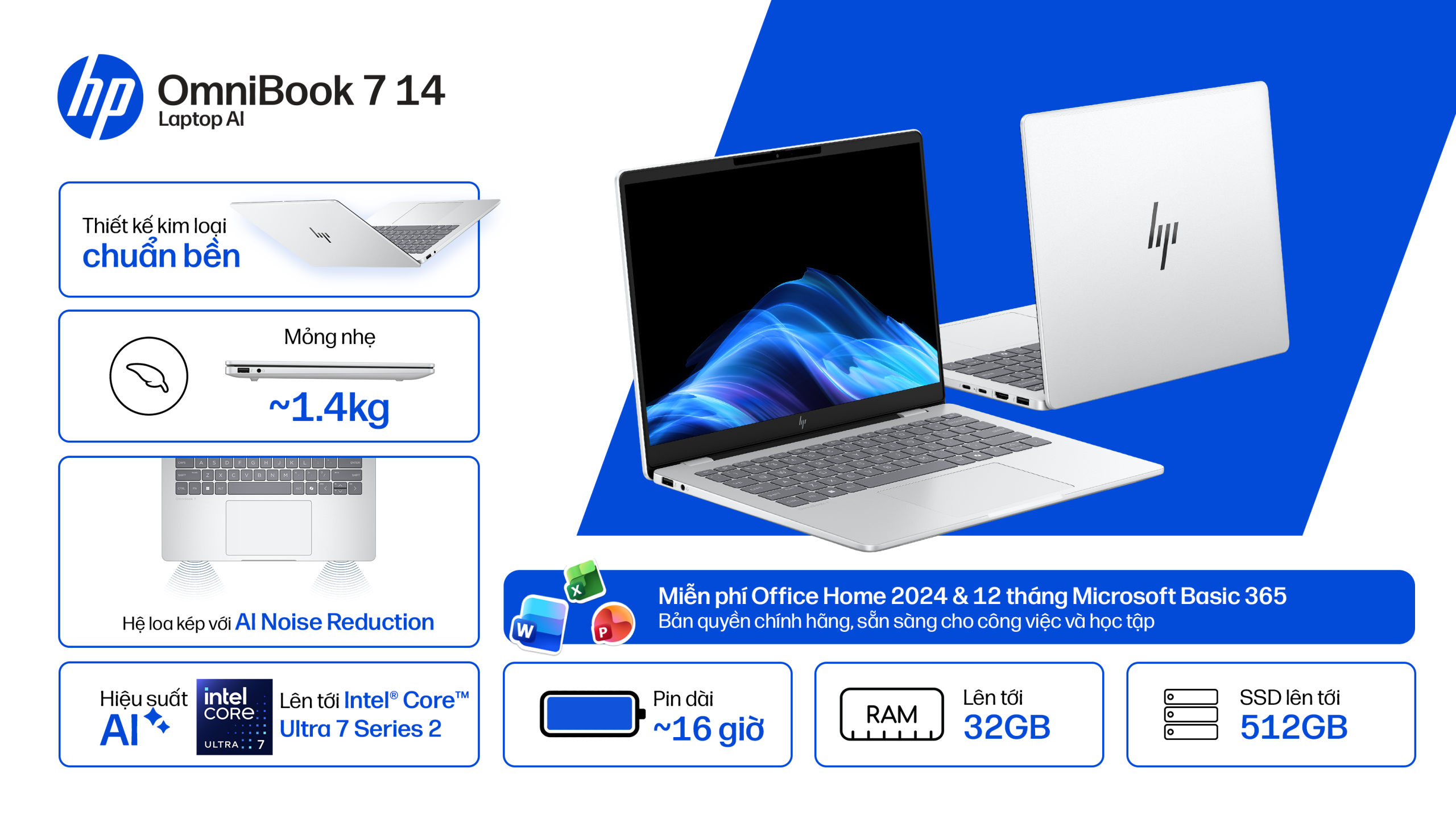 Laptop HP OmniBook 7 14-fr0033TU Core Ultra 5 225U, RAM 16GB, SSD 512GB, 14 inch WUXGA, Glacier Silver, Windows 11 Home