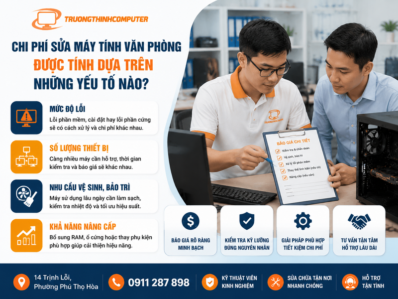 Chi phí sửa máy tính văn phòng TPHCM được tính dựa trên những yếu tố nào?