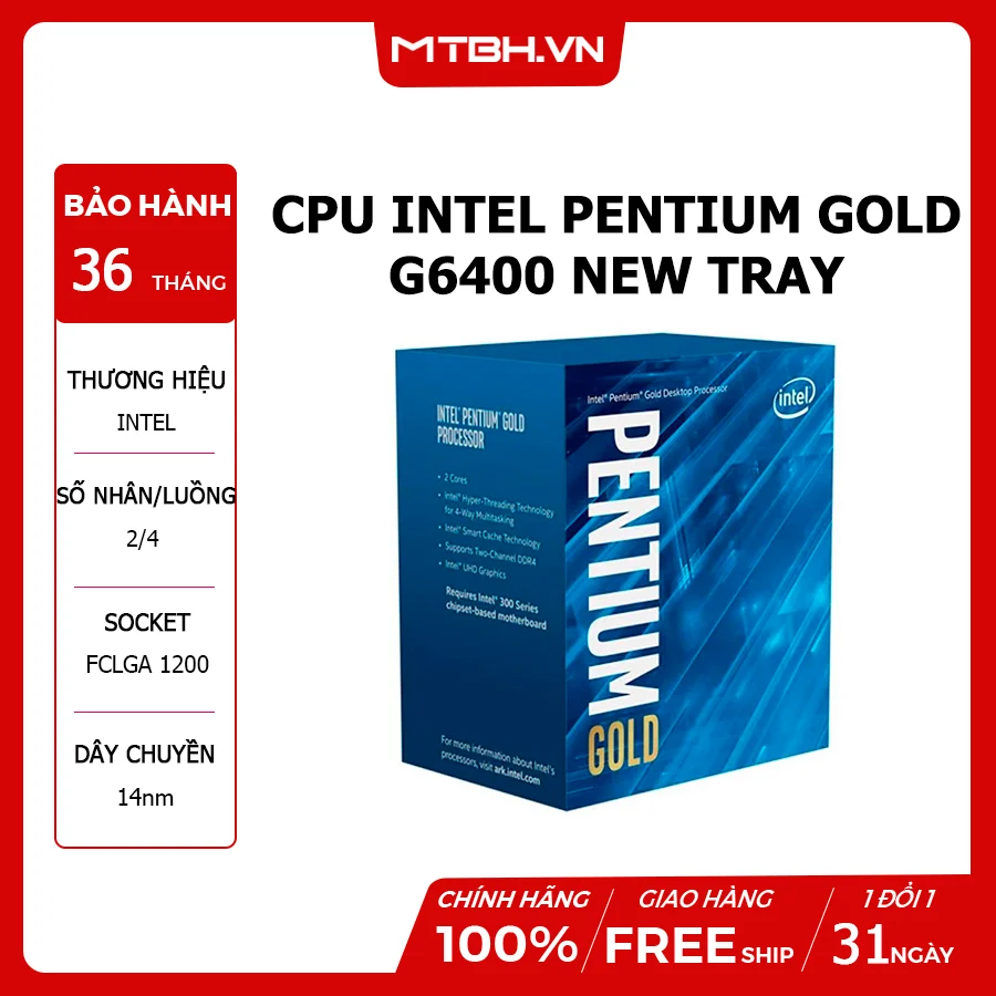 CPU Intel Pentium Gold G6400 Tray 2 nhân 4 luồng 4.00GHz Socket LGA1200