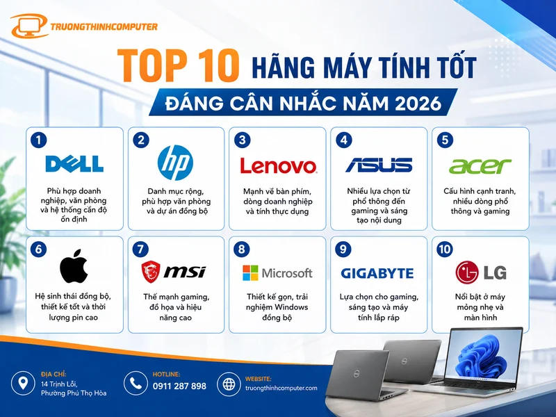 Top 10 hãng máy tính tốt đáng cân nhắc năm 2026