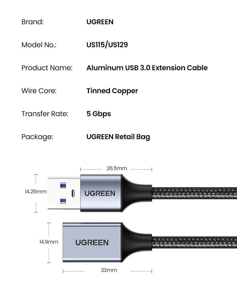 Cáp nối dài USB 3.0 Ugreen 10495 1m tốc độ 5Gbps