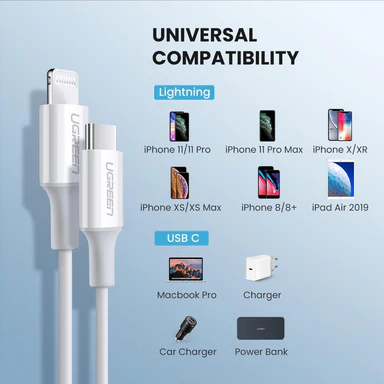 Cáp USB-C to Lightning Ugreen 10493 US171 MFi 1m sạc nhanh 3A