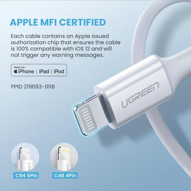 Cáp USB-C to Lightning Ugreen 10493 US171 MFi 1m sạc nhanh 3A