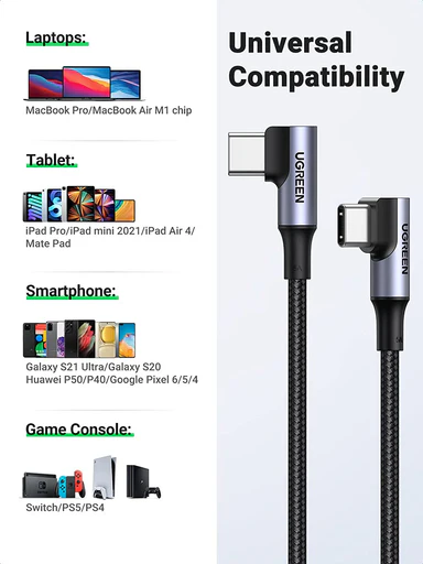 Cáp USB-C Ugreen 10357 100W dài 3M bẻ góc 90 độ