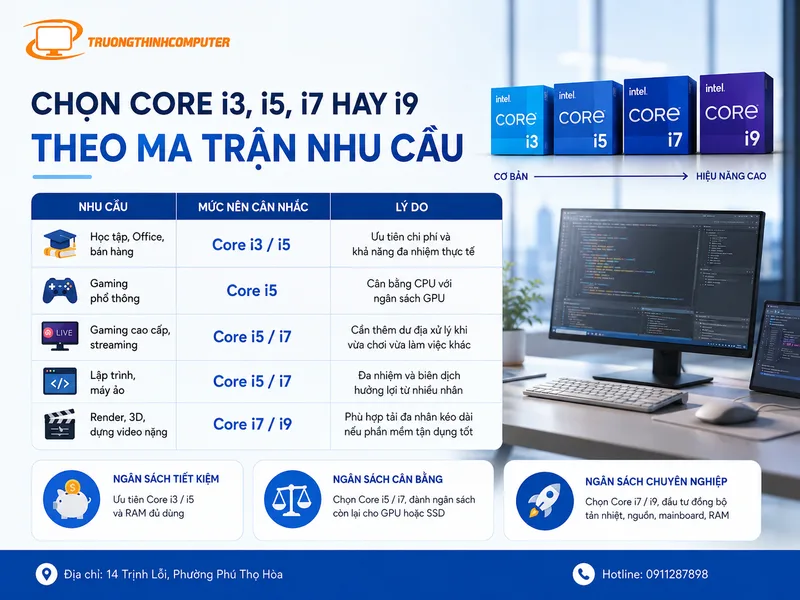 Chọn Core i3, i5, i7 hay i9 theo ma trận nhu cầu thực tế